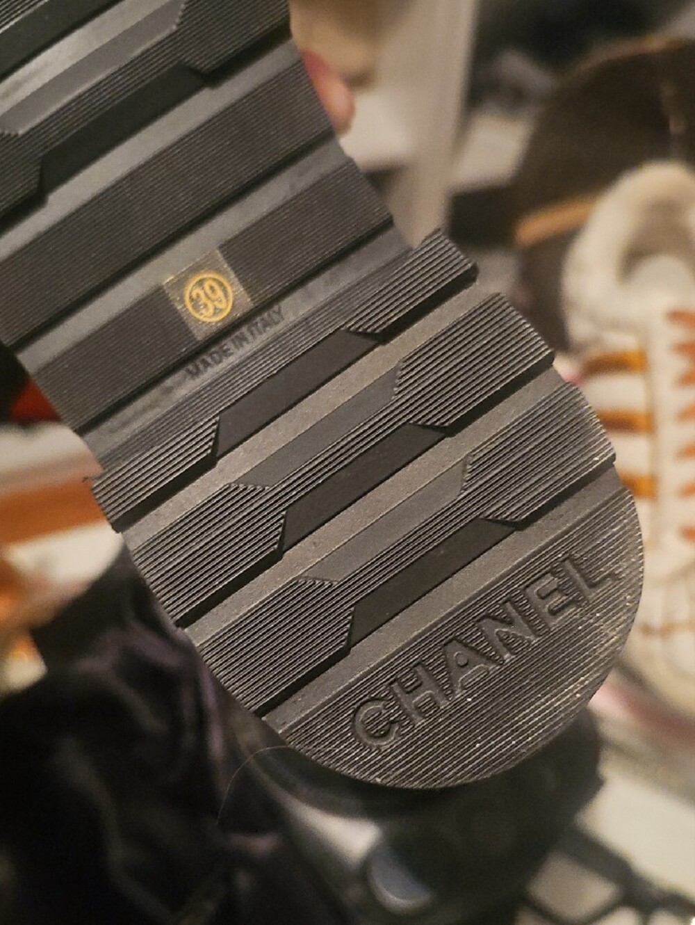 Black Quilted Leather Lace-Up Combat Boots with Gold Chain Accents - Picture 3 of 3